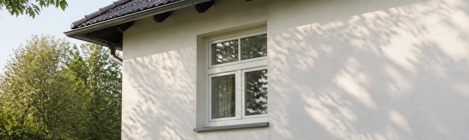 Dachkante und Wohnfenster eines österreichischen Hauses mit weichem Blattlicht auf der Fassade