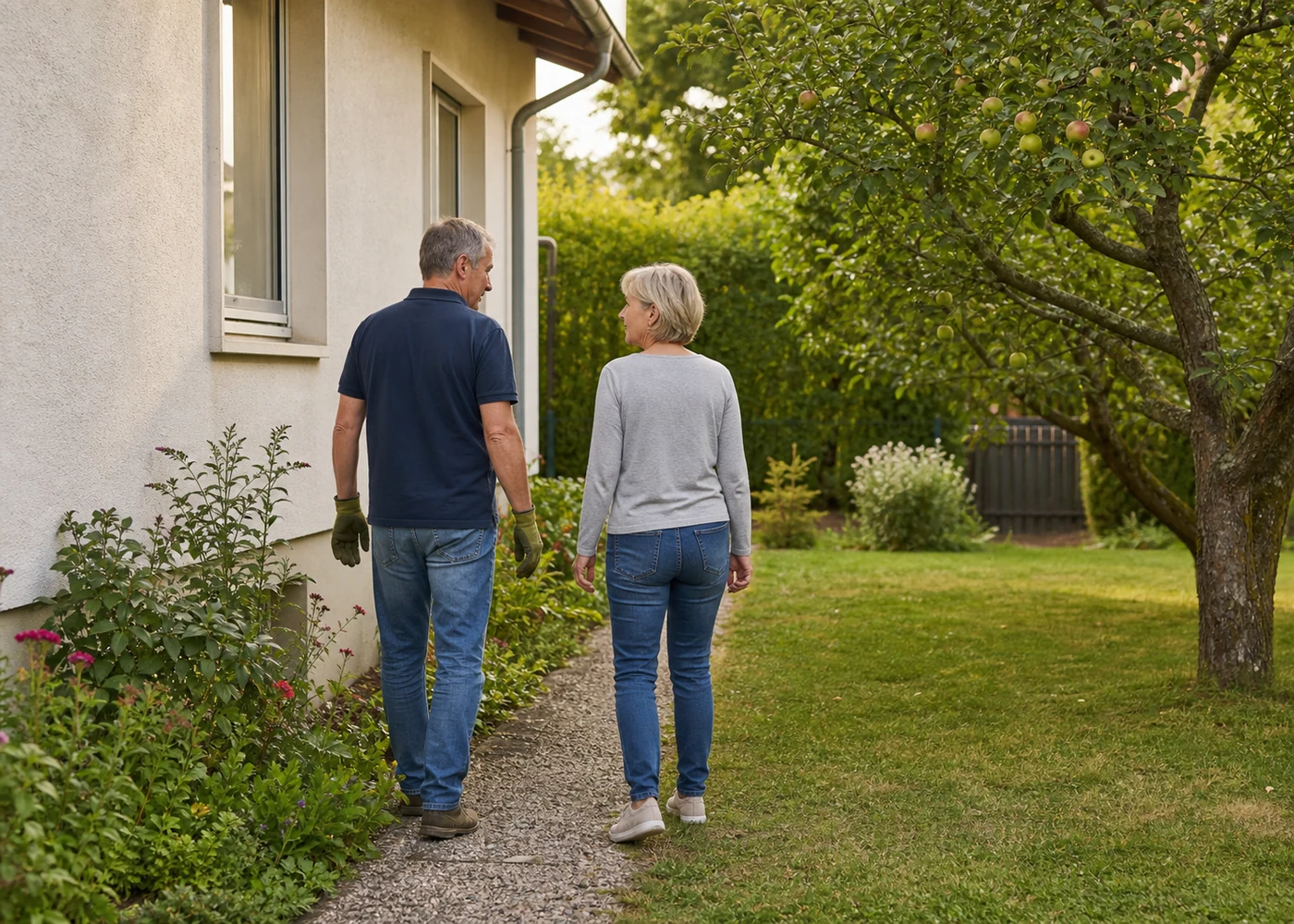 Zwei erwachsene Miteigentümer im vertrauten Garten eines österreichischen Wohnhauses