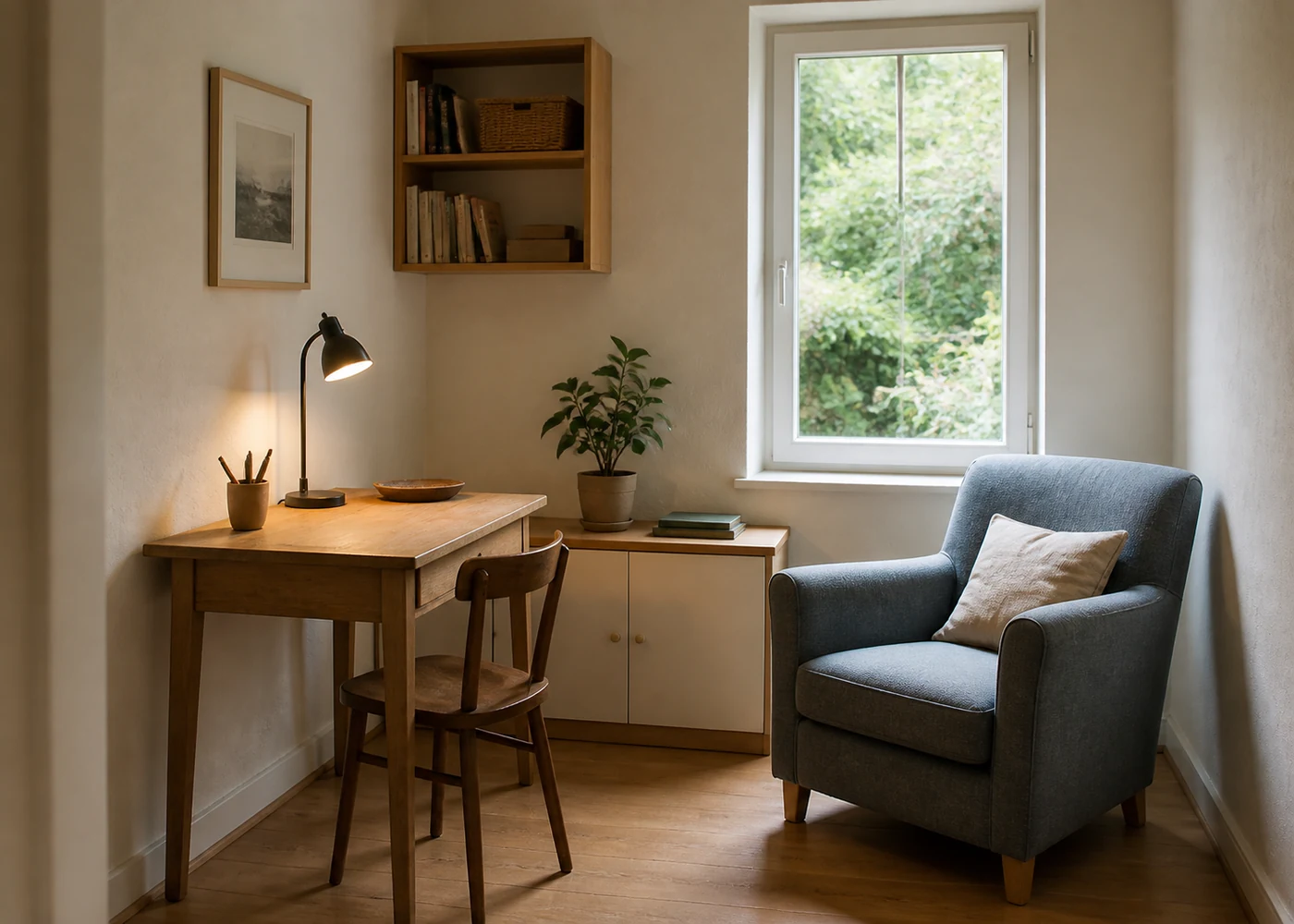 Helle Alltagsnische mit kleinem Arbeitstisch, Lesesessel und Gartenlicht in einem österreichischen Wohnhaus